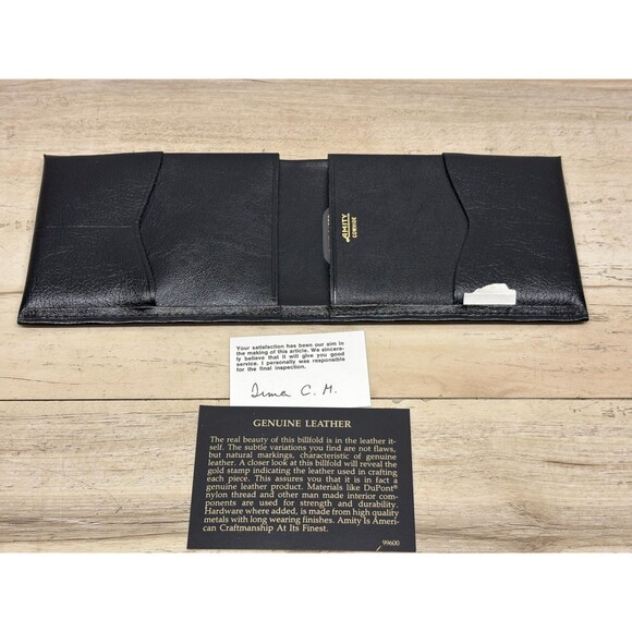 Vtg Amity Black Leather Billfold Cowhide Mens Wallet New In Box - Picture 3 of 16